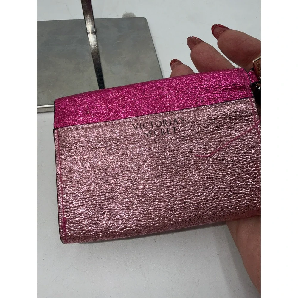 Victorias Secret Pink Glitter Envelope Card Case Red Lips Keychain Wallet